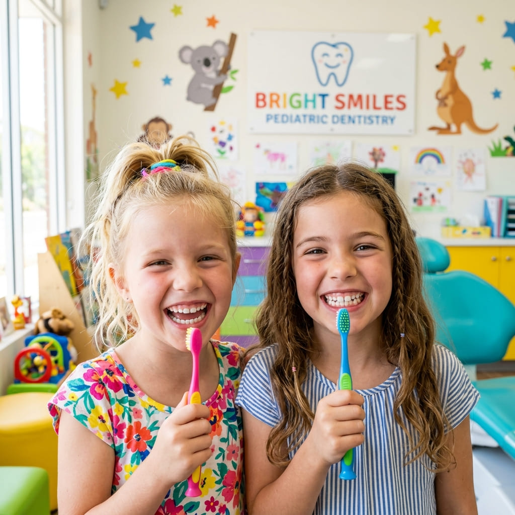 Happy children showing bright healthy smiles in a child-friendly pediatric clinic